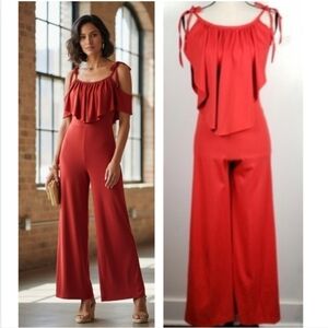 Vintage 70s Red Stretch Palazzo Flare Leg Bell Bottom Hotpant Jumpsuit 5…